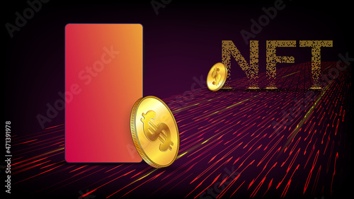 Cellphone with copy space and NTF non fungible token from crumbled falling golden cubes standing on flowing digital stream. Concept of earning dollars coins USD on NFT. Colorful header.
