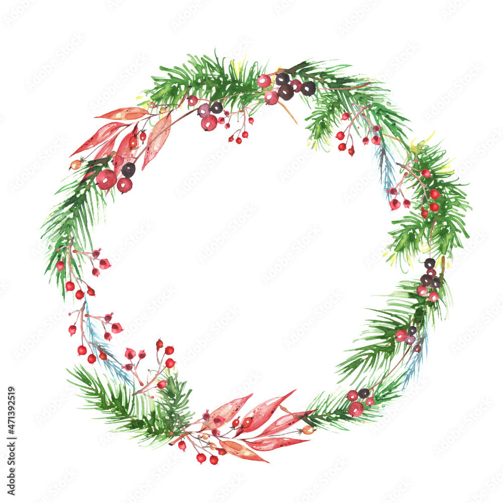 Watercolor wreath of spruce with holly berries and mistletoe for Christmas decoration. Christmas wreath frame made of fir, pine branches. decorative wreath,plate 