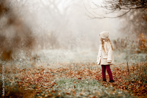 little girl looks back among the autumn forest in a foggy autumn day. Footpath in the dark, fairy, autumn, mysterious forest, high trees with yellow leaves. vertycal shot. photo