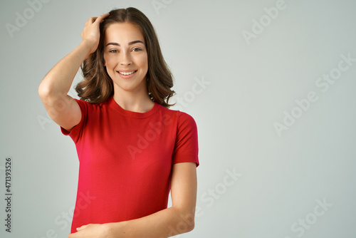 cheerful woman posing glamor cosmetics isolated background