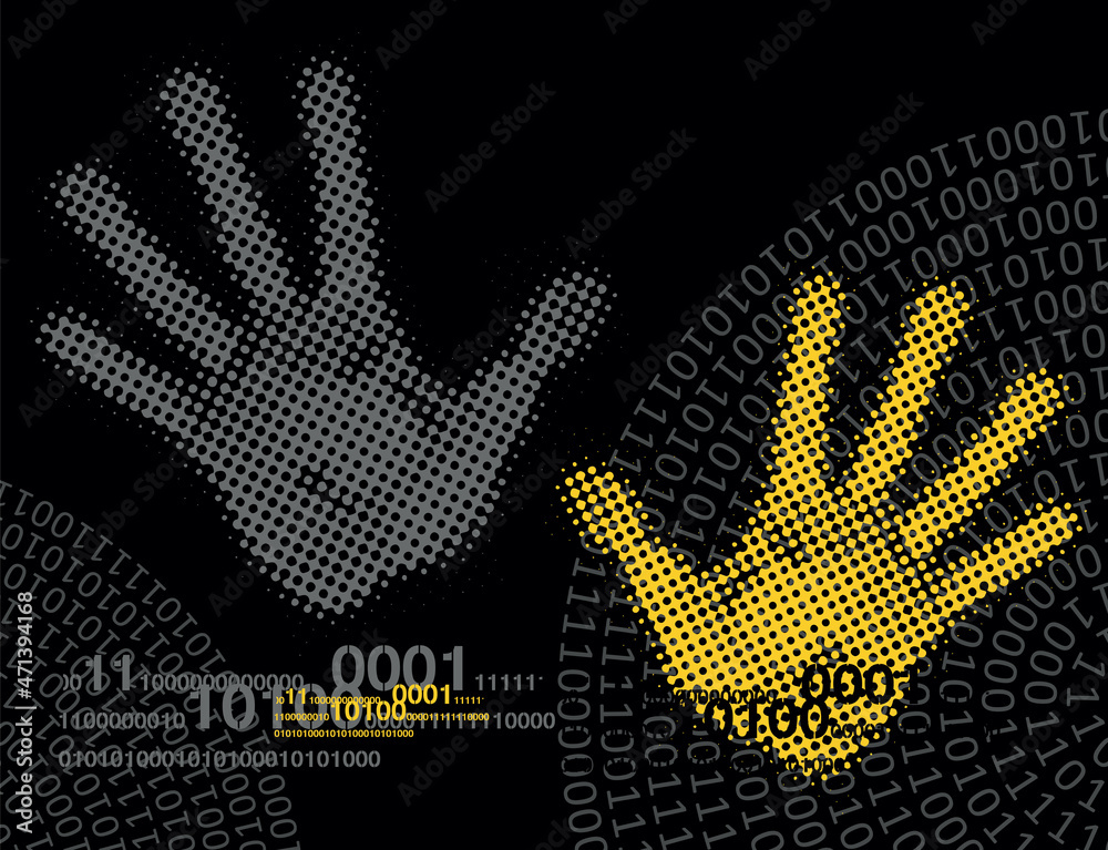 Obraz premium Hands and Spiral binary code background. Illustration of handprints with binary codes on black backdrop. Vector available.