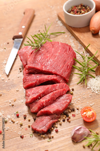 raw beef steak and spices