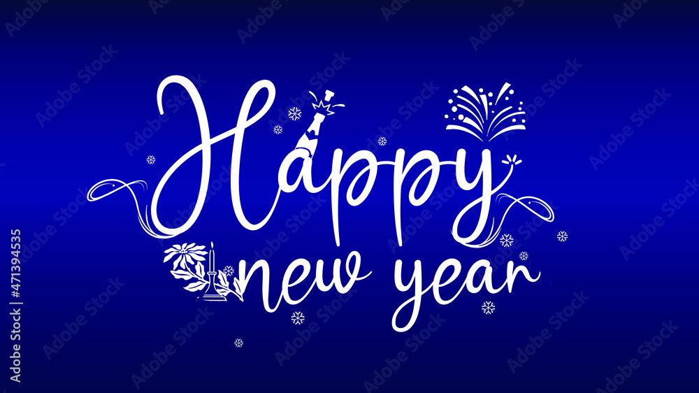 Happy New Year. Elegant font decorated with festive symbols and curved ornaments