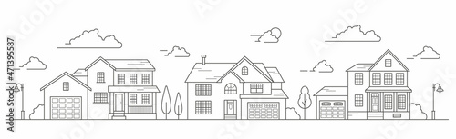 Landscape of the neighborhoods of the city, the houses of the suburbs residential area. A number of low-rise buildings of the village. Outline vector illustration.