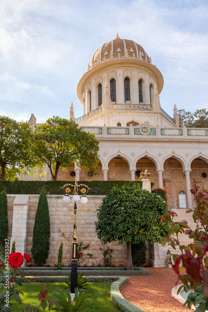The fasade of the Shrine in the Bahai Garden, located on Mount Carmel in the city of Haifa, in northern Israel
