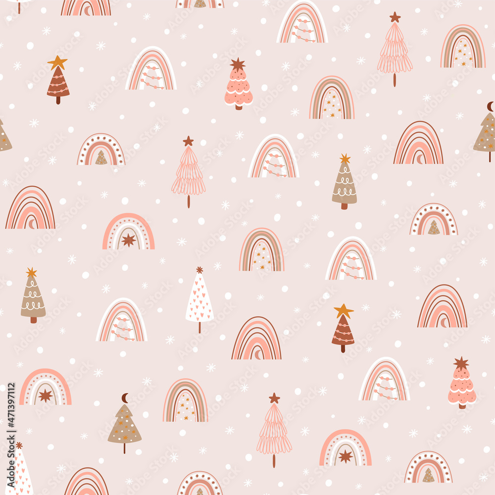 Pink christmas rainbows Christmas tree pattern. Pastel Christmas ...