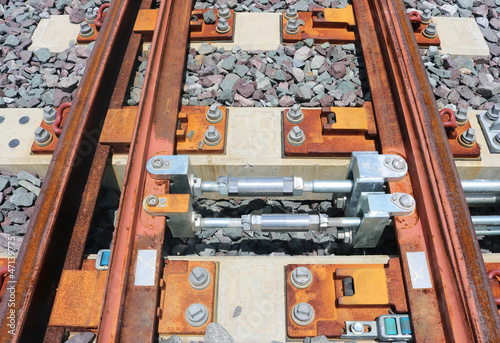 Slika na platnu Railway switch blades with hydraulic actuator installed on concrete sleepers