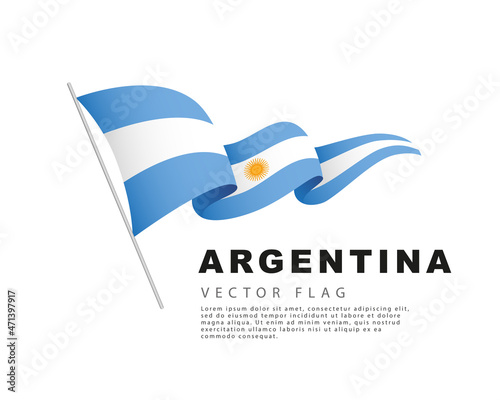 The Argentine flag hangs from a flagpole and flutters in the wind. Vector illustration isolated on white background.