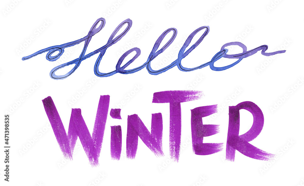 Hand drawn lettering winter phrase. hello winter - inscription text with typography design. Line art blue one line calligraphy and Watercolor purple script on white background