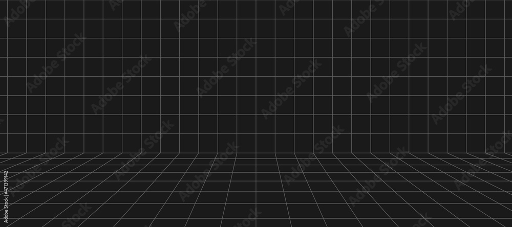 Naklejka premium 3d wireframe grid room. 3d perspective laser grid. Cyberspace black background with grey mesh. Futuristic digital wall in virtual reality. Vector illustration.