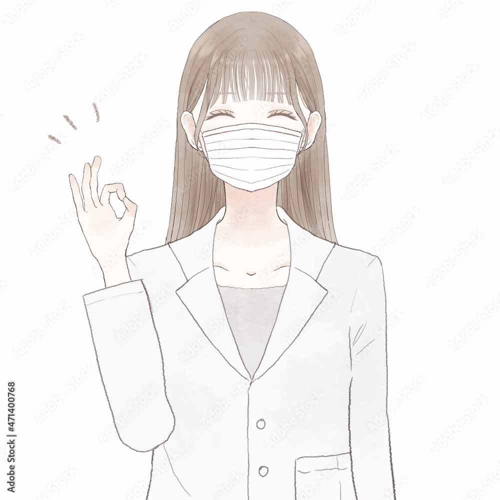OKサインを出す、不織布マスクを着用している女性医師