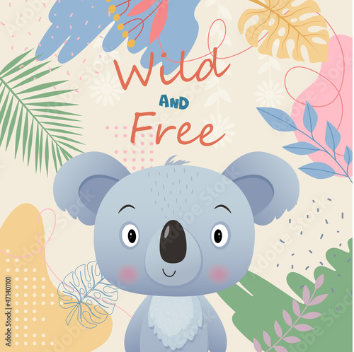Wild and free Illustration of little cute koala with leaves and flowers Spring and summer on yellow Background