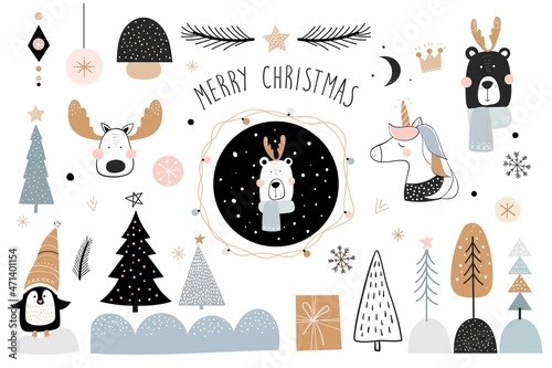 Christmas winter elements collection isolated, cute animals  seasonal design, items set for kids, textile clothes and scrapbook, doodle shape 