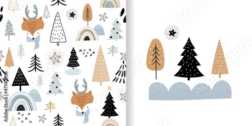 Christmas winter set, seamless pattern with cute foxes and greeting card, kids background, wallpaper, gift paper, holidays surface design