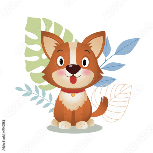 Illustration of little cute dog corgi with leaves and flowers Spring and summer on white Background