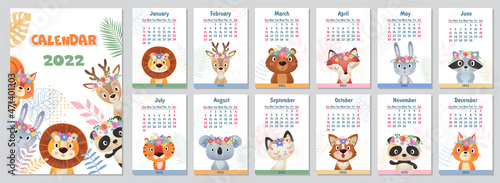 Stylish 2022 Yearly Calendar design with wild animals on white