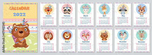 Photography Cute 2022 Yearly Calendar design with wild Indian sanimals on white