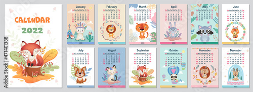 Cute 2022 Yearly Calendar design with wild Indian sanimals on different Background