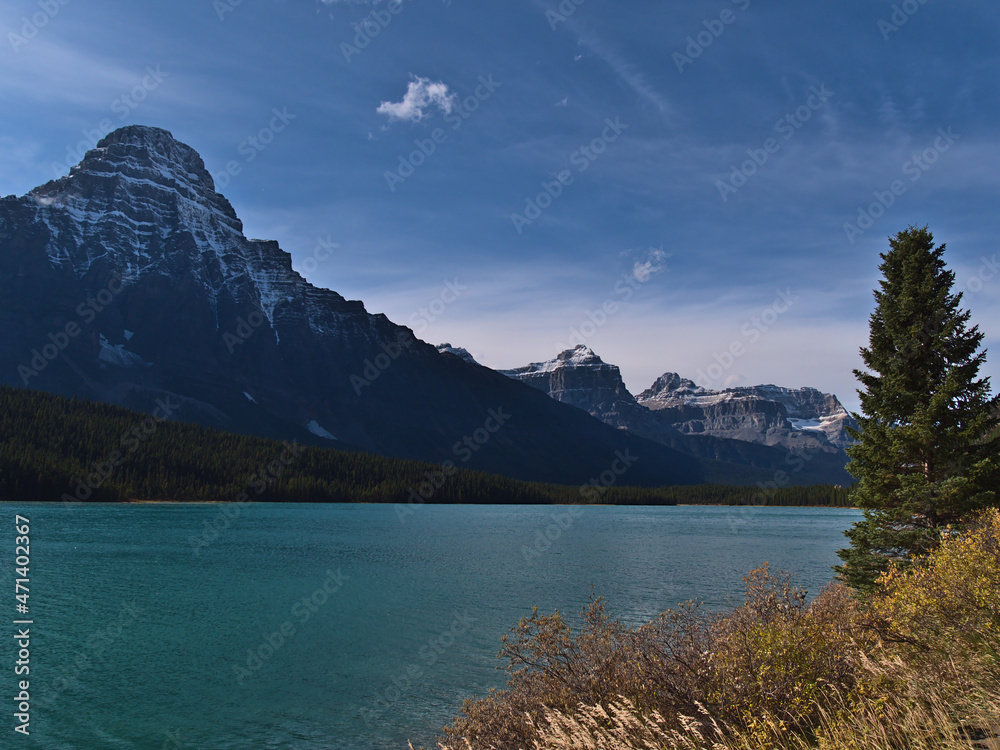 Beautiful view of Waterfowl Lake in Banff National Park, Alberta, Canada in the Rocky Mountains with snow-capped mountain White Pyramid.