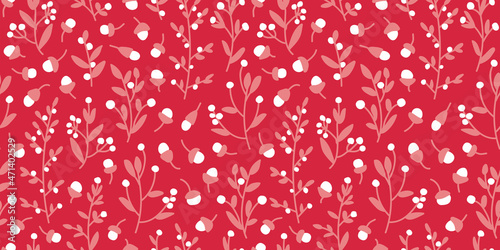 Seamless botanical pattern in dark red, dusty pink and white. All over hand-drawn repeat print.