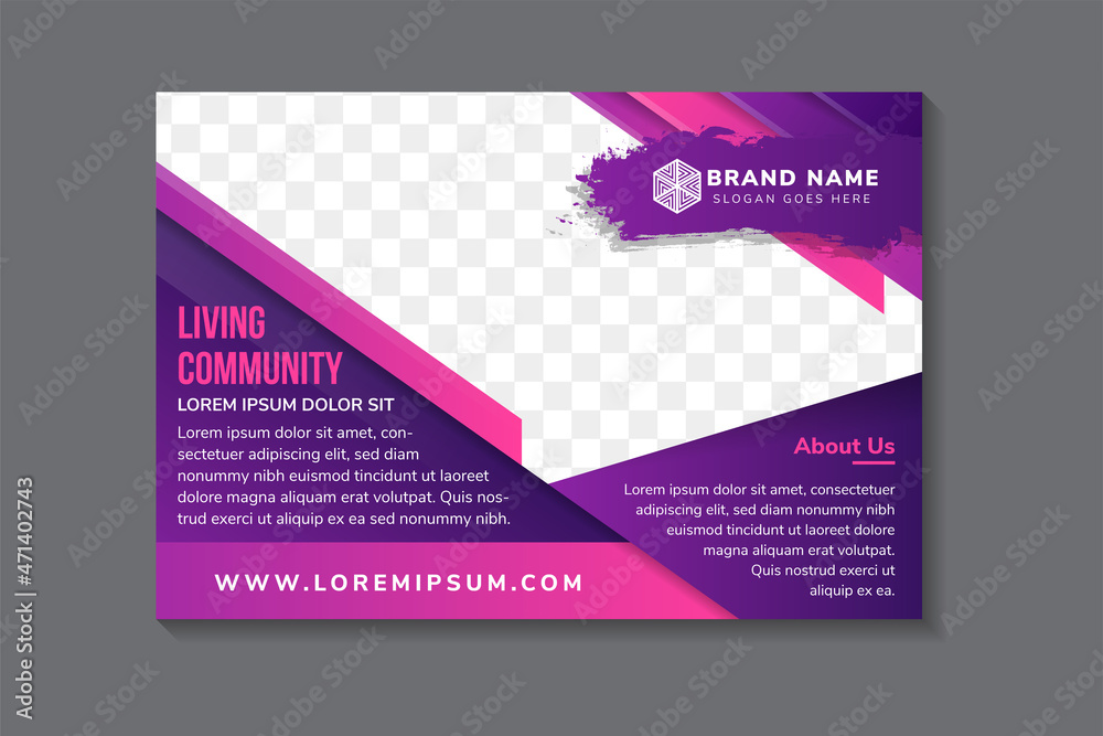 living community flyer. Abstract geometric banner template for universal business promotion. horizontal layout use multicolored purple pink as element. white background with space for photo collage.