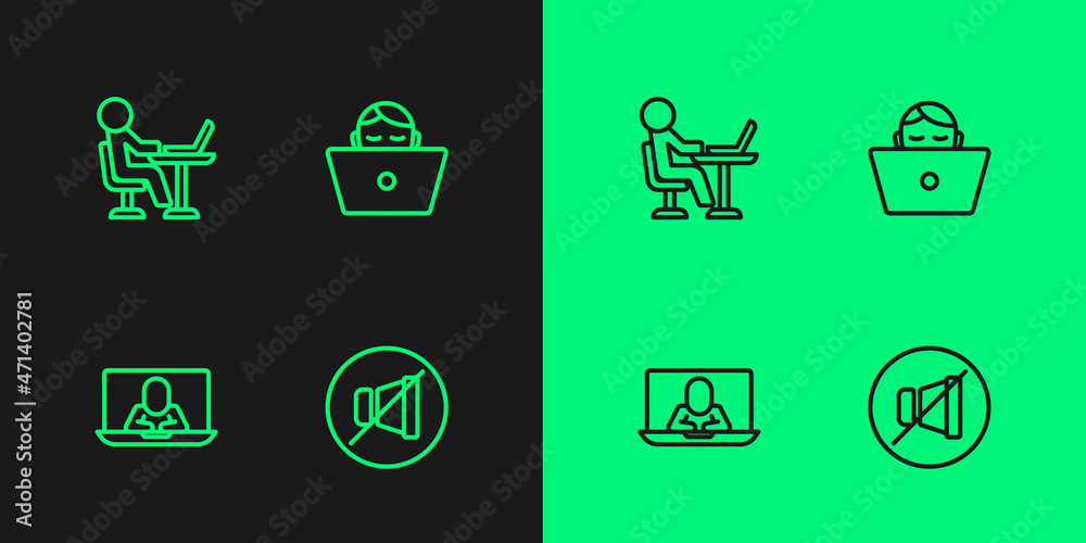Set line Mute microphone, Video chat conference, Freelancer and icon. Vector Set line Mute microphone, Video chat conference, Freelancer and icon. Vector