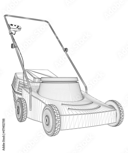 Lawn mower wireframe from black lines isolated on white background. Perspective view. 3D. Vector illustration