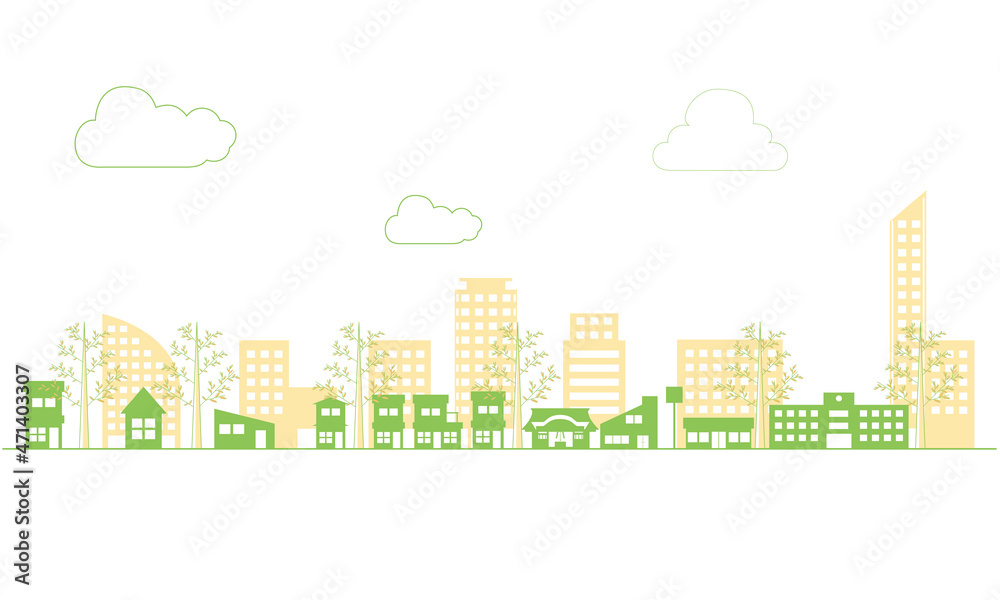 シンプルな建物ビルディングのアイコンで描かれた街並みの2色風景イラスト