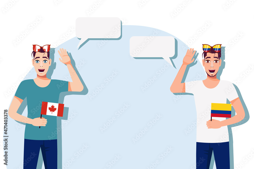 The concept of international communication, sports, education, business between Canada and Colombia. Men with Canadian and Colombian flags. Vector illustration.