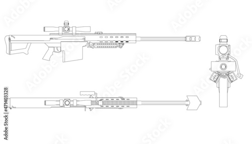 Set with rifle contours with telescopic sight from black lines isolated on white background. Side, top, front view. Vector illustration