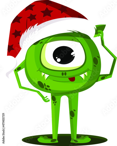 Green one-eyed monster wearing a santa claus hat