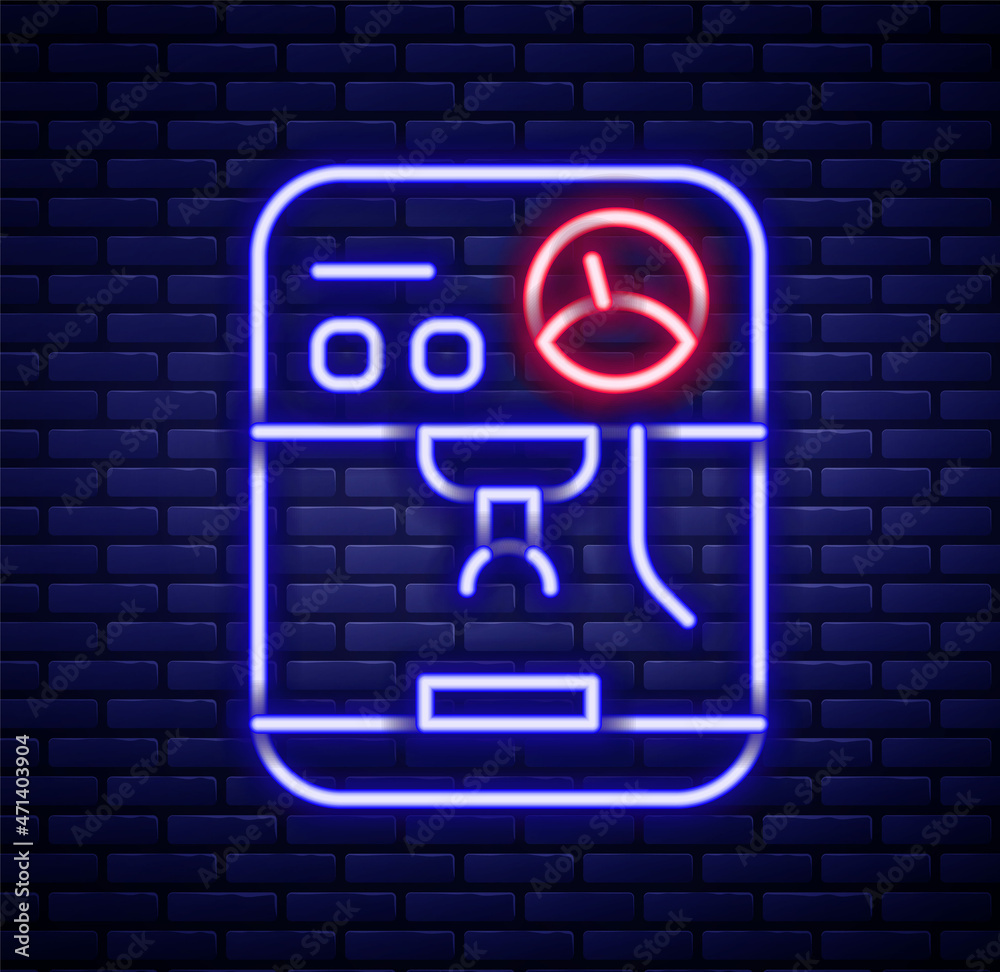 Glowing neon line Coffee machine icon isolated on brick wall background. Colorful outline concept. Vector Glowing neon line Coffee machine icon isolated on brick wall background. Colorful outline concept. Vector
