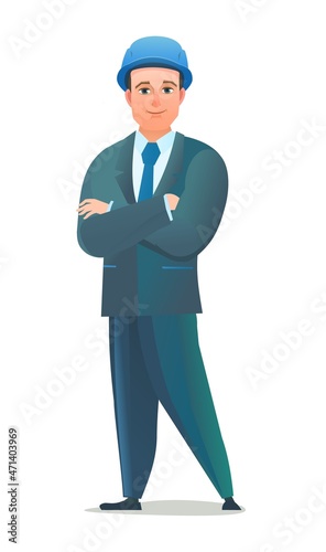 Man engineer in suit and protective helmet. Office guy at construction site. Cheerful person. Standing pose. Single Character cartoon comic style. Illustration isolated on white background. Vector