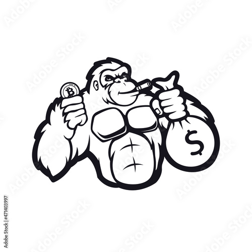Illustration of a rich Gorilla with crypto currency and money bag