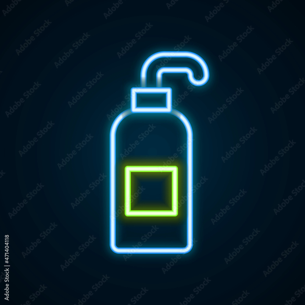 Glowing neon line Bottle of liquid antibacterial soap with dispenser icon isolated on black background. Antiseptic. Disinfection, hygiene, skin care. Colorful outline concept. Vector Glowing neon line Bottle of liquid antibacterial soap with dispenser icon isolated on black background. Antiseptic. Disinfection, hygiene, skin care. Colorful outline concept. Vector