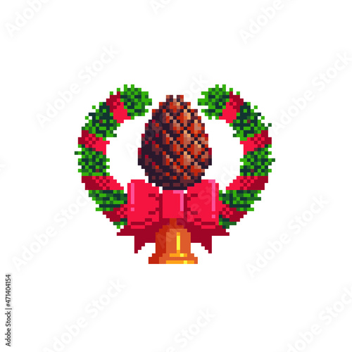 Christmas wreath with pine cone. Pixel art icons set. Happy new year attributes. Merry christmas greeting card design. Isolated vector illustration. 