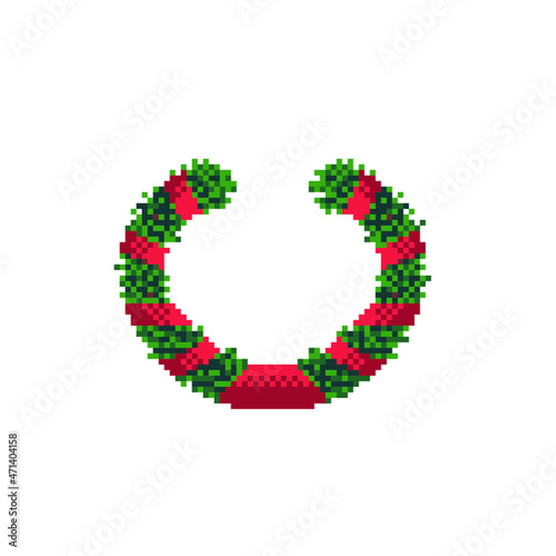 Christmas wreath. Pixel art icons set. Happy new year attributes. Merry christmas greeting card design. Isolated vector illustration. 