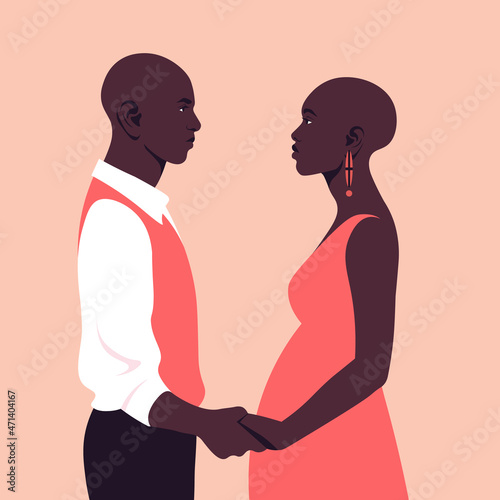Happy African couple holding hands. Portrait of a man and a pregnant woman in love. A young family. Side view. Profile. flat illustration