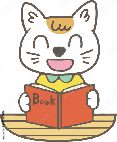 本を読んでいるネコ　かわいい動物キャラクター/This is a cute animal character. This is a cat character.