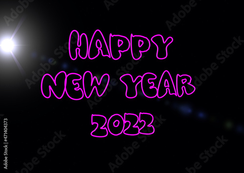 Neon sign with happy new year 2022 greeting on background with starry sky and glare of light.