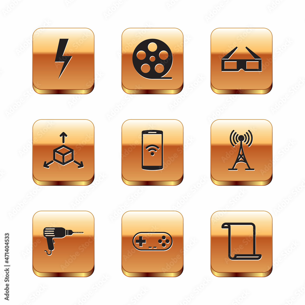 Set Lightning bolt, Drill machine, Gamepad, Smartphone with wireless, Isometric cube and 3D cinema glasses icon. Vector Set Lightning bolt, Drill machine, Gamepad, Smartphone with wireless, Isometric cube and 3D cinema glasses icon. Vector