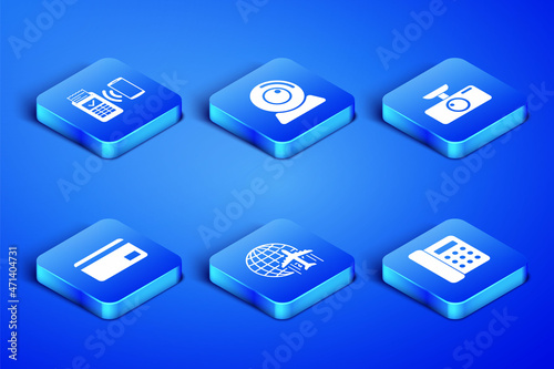 Set Telephone, POS terminal, Globe with flying plane, Credit card, Web camera and Car DVR icon. Vector