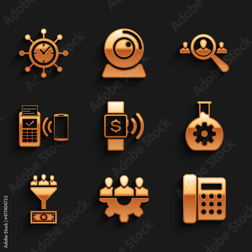Set Contactless payment, Project team base, Telephone, Bioengineering, Lead management and POS terminal icon. Vector