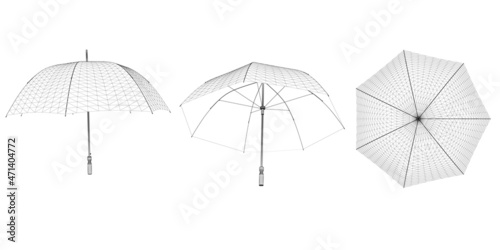 Set with umbrella wireframes from black lines isolated on white background. Top  side  bottom view. 3D. Vector illustration