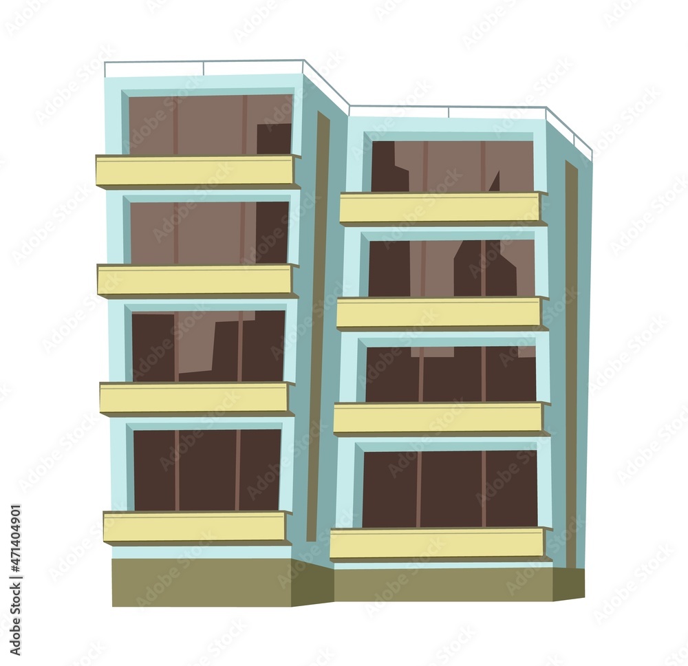 City building. Cartoon fun flat style. Isolated on white background. Residential building with windows and balconies. Vector. City building. Cartoon fun flat style. Isolated on white background. Residential building with windows and balconies. Vector.
