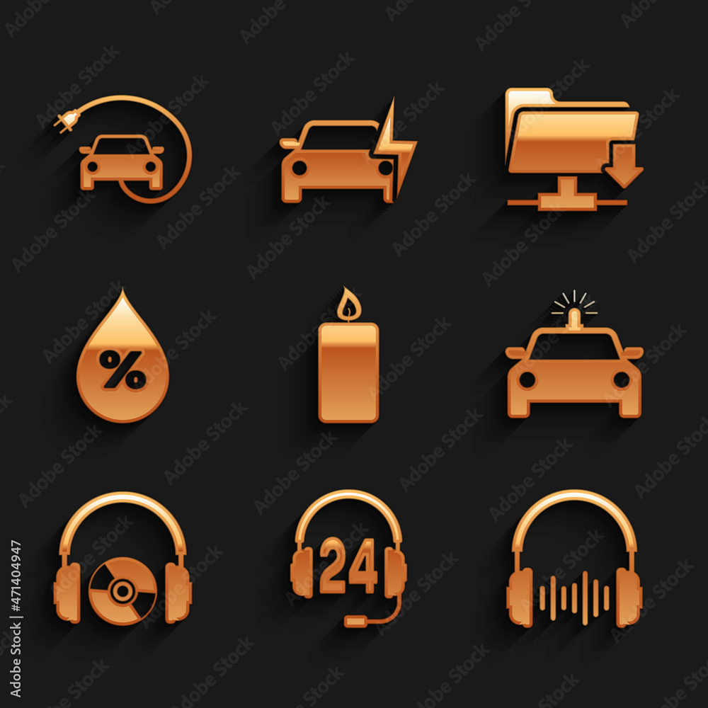 Set Burning candle, Headphone for support, sound waves, Police car flasher, Headphones CD DVD and Water drop percentage icon. Vector Set Burning candle, Headphone for support, sound waves, Police car flasher, Headphones CD DVD and Water drop percentage icon. Vector