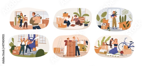 People moving into new house set. Happy men and women with cardboard boxes with stuff during relocation into apartment. Characters with cartons. Flat vector illustration isolated on white background