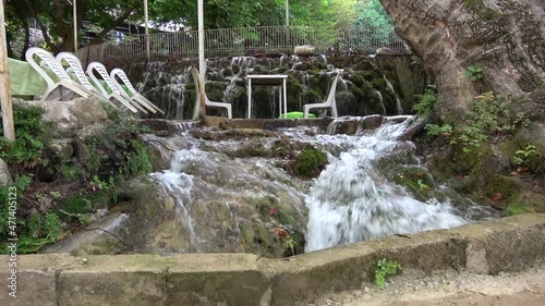 Antakya, Turkey - 13th of June 2021: 4K Harbiye waterfalls and empty cafe facilities audio
 photo