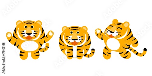 Fototapeta Naklejka Na Ścianę i Meble -  Vector illustration, cartoon set of tiger characters, as suitable for children's t-shirt printing or templates, Chinese New Year 2022, year of the Tiger.