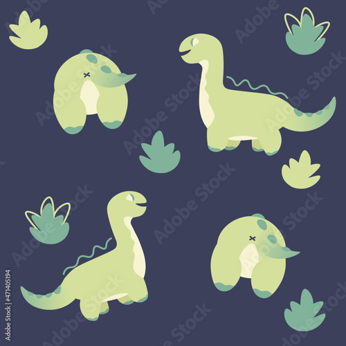 Flat illustration  pattern for baby bedding  wrapping paper  for background. Dinosaurs on a black background.